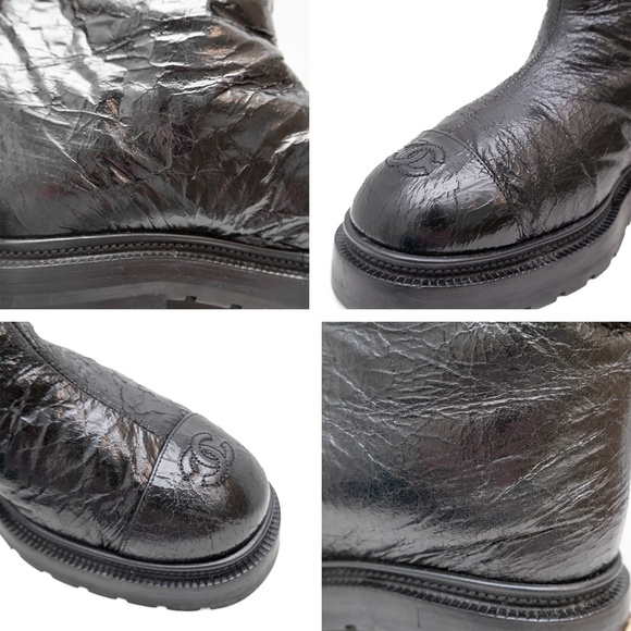 Chanel Black Crackled Patent Leather Shearling-Lined Winter Boots – Size 36.5 C - Picture 10 of 11